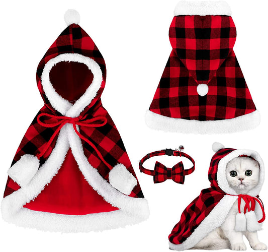 Christmas Cat Dog Costume Red Black Buffalo Plaid Pet Santa Cape with Xmas Hat Cat Collars with Bell and Bowtie Cat Cloak Pet Costume for Party Cosplay Christmas Pet Dress up (Medium)